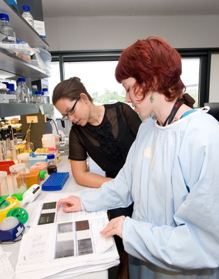 Researcher and business person in lab